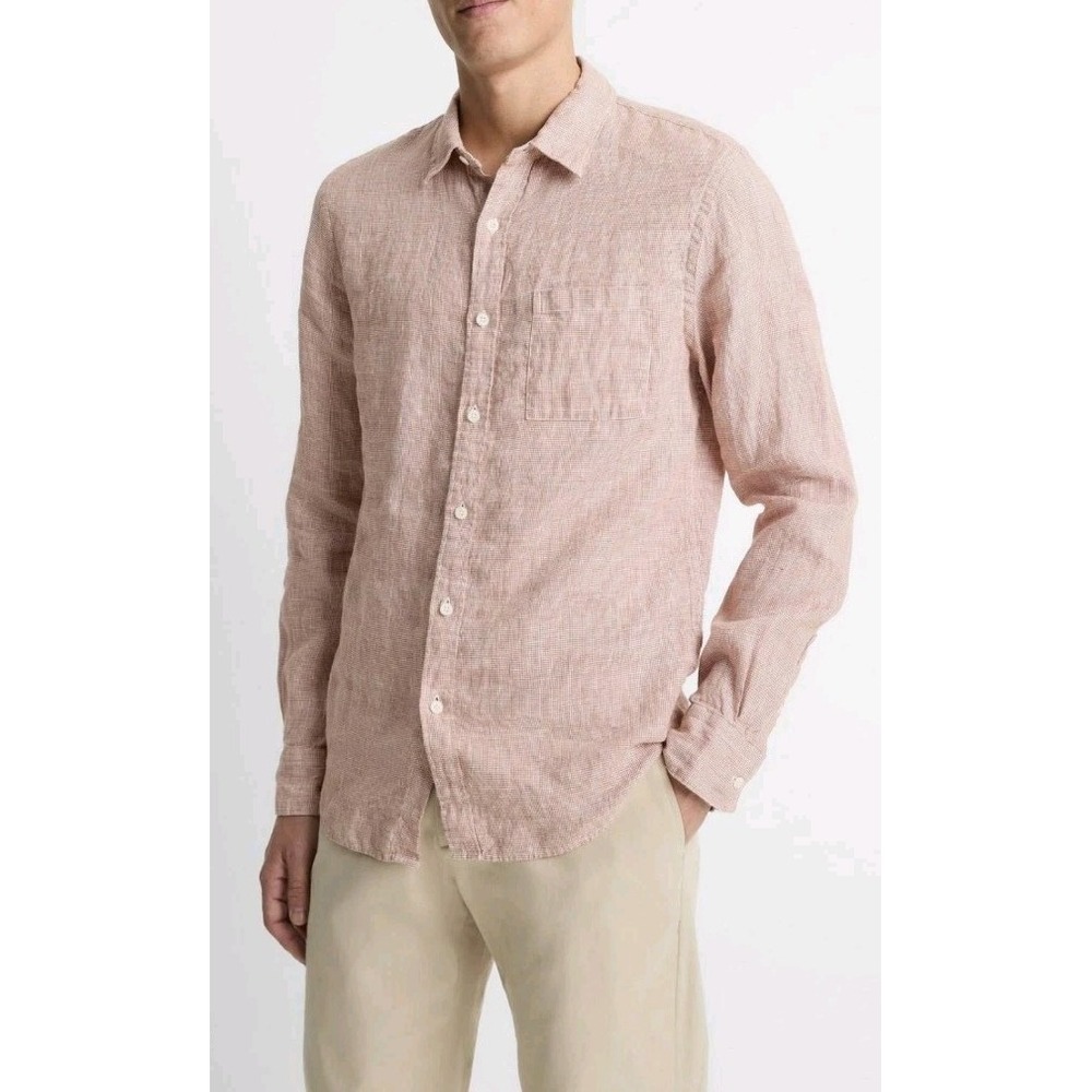 NEW Vince Solid Classic‎ Fit Linen Button Down Shirt Houndstooth Linen XXL Pink